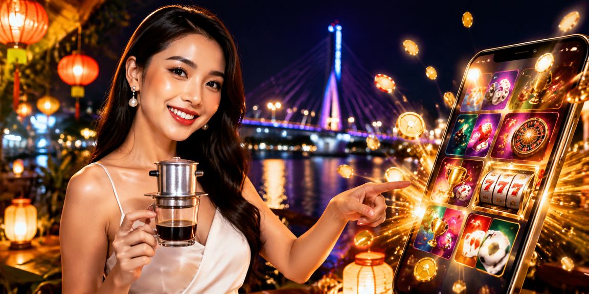 Người dùng tại Hội An dùng điện thoại truy cập casino trực tuyến bên ly cà phê